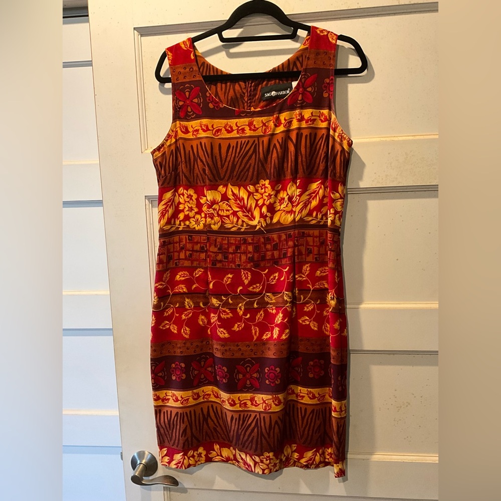 Vintage Sag Harbor 12 Sleeveless Sheath Dress Brown/Red/Yellow Tropical Print